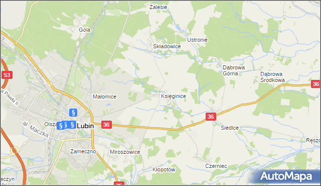 mapa Księginice gmina Lubin, Księginice gmina Lubin na mapie Targeo