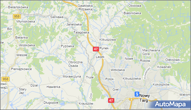 mapa Lasek gmina Nowy Targ, Lasek gmina Nowy Targ na mapie Targeo