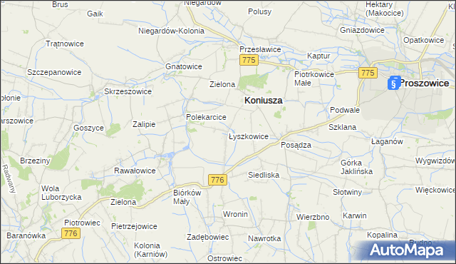 mapa Łyszkowice gmina Koniusza, Łyszkowice gmina Koniusza na mapie Targeo