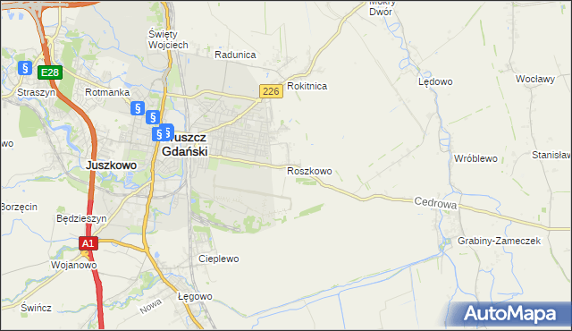 mapa Roszkowo gmina Pruszcz Gdański, Roszkowo gmina Pruszcz Gdański na mapie Targeo