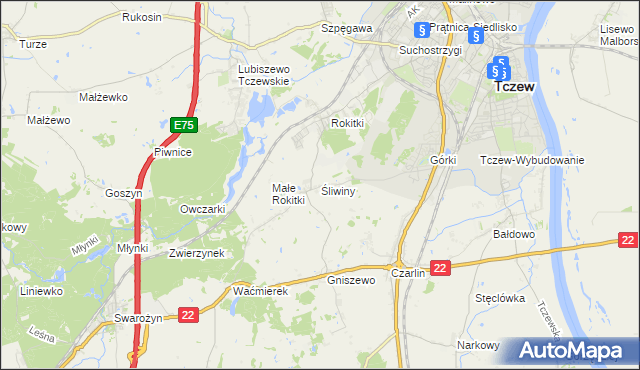 mapa Śliwiny gmina Tczew, Śliwiny gmina Tczew na mapie Targeo