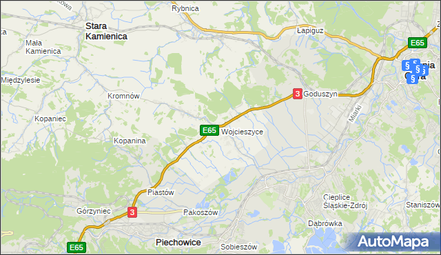mapa Wojcieszyce gmina Stara Kamienica, Wojcieszyce gmina Stara Kamienica na mapie Targeo
