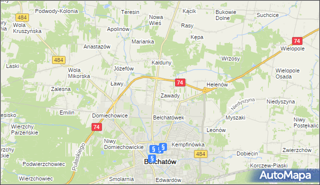 mapa Zawady gmina Bełchatów, Zawady gmina Bełchatów na mapie Targeo