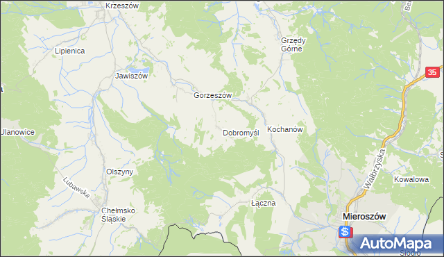mapa Dobromyśl gmina Kamienna Góra, Dobromyśl gmina Kamienna Góra na mapie Targeo