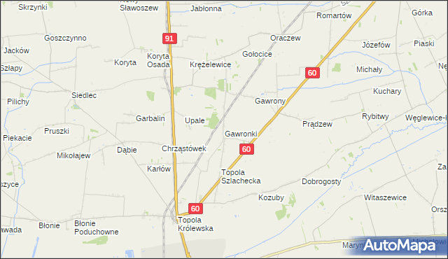 mapa Gawronki gmina Łęczyca, Gawronki gmina Łęczyca na mapie Targeo