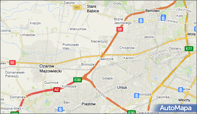 mapa Jawczyce gmina Ożarów Mazowiecki, Jawczyce gmina Ożarów Mazowiecki na mapie Targeo
