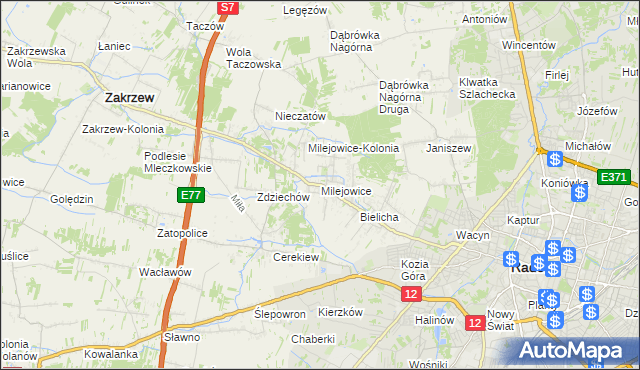 mapa Milejowice gmina Zakrzew, Milejowice gmina Zakrzew na mapie Targeo