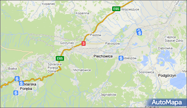 mapa Piechowice powiat jeleniogórski, Piechowice powiat jeleniogórski na mapie Targeo