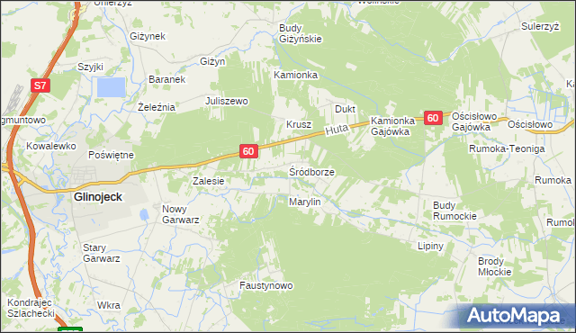 mapa Śródborze gmina Glinojeck, Śródborze gmina Glinojeck na mapie Targeo