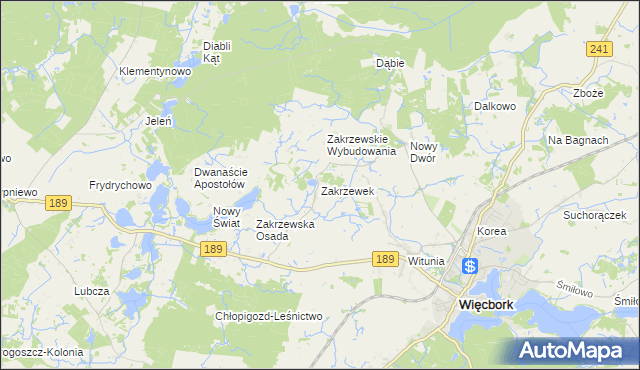 mapa Zakrzewek gmina Więcbork, Zakrzewek gmina Więcbork na mapie Targeo