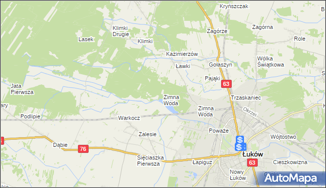 mapa Zimna Woda gmina Łuków, Zimna Woda gmina Łuków na mapie Targeo