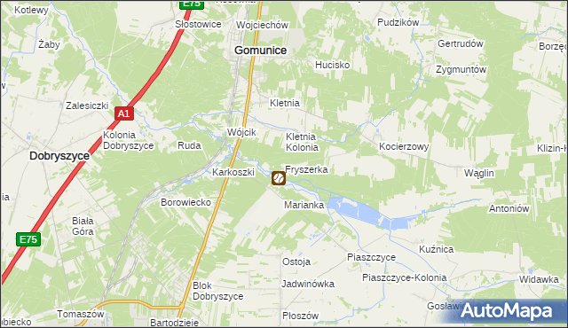 mapa Fryszerka gmina Gomunice, Fryszerka gmina Gomunice na mapie Targeo
