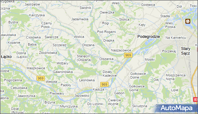 mapa Olszanka gmina Podegrodzie, Olszanka gmina Podegrodzie na mapie Targeo