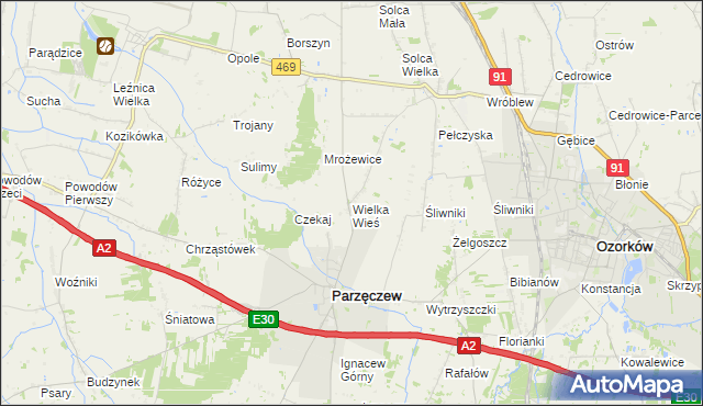 mapa Wielka Wieś gmina Parzęczew, Wielka Wieś gmina Parzęczew na mapie Targeo
