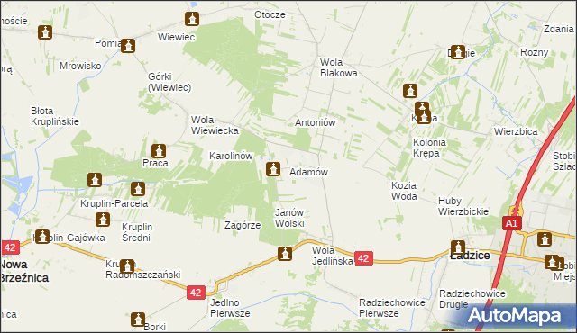 mapa Adamów gmina Ładzice, Adamów gmina Ładzice na mapie Targeo