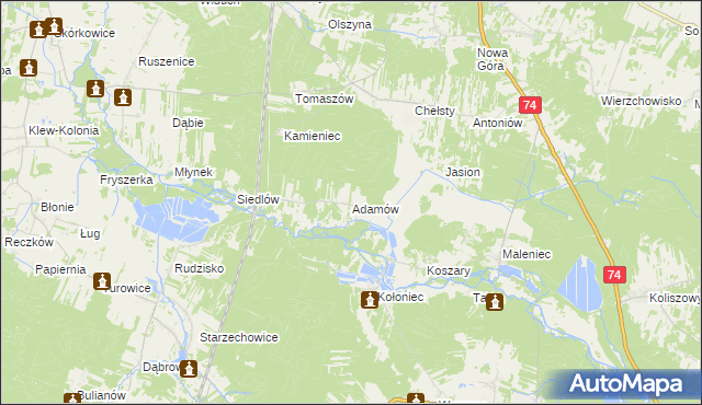mapa Adamów gmina Żarnów, Adamów gmina Żarnów na mapie Targeo