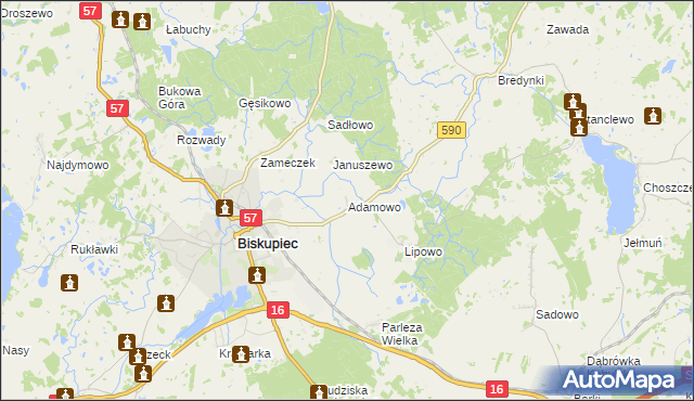 mapa Adamowo gmina Biskupiec, Adamowo gmina Biskupiec na mapie Targeo