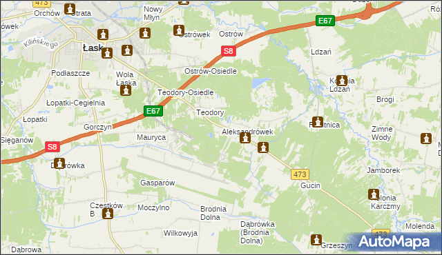mapa Aleksandrówek gmina Łask, Aleksandrówek gmina Łask na mapie Targeo