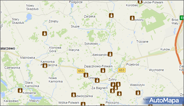 mapa Aleksandrowo gmina Bakałarzewo, Aleksandrowo gmina Bakałarzewo na mapie Targeo