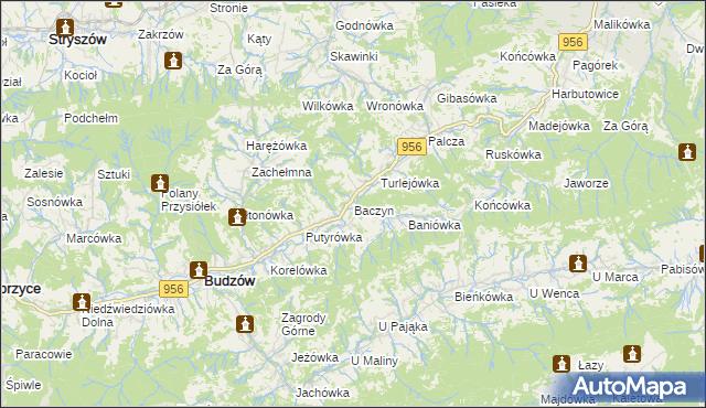 mapa Baczyn gmina Budzów, Baczyn gmina Budzów na mapie Targeo