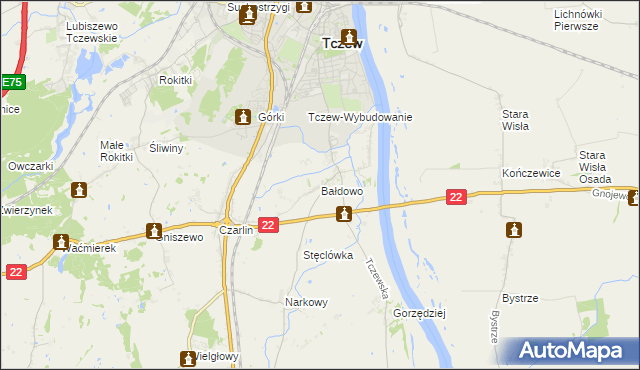 mapa Bałdowo gmina Tczew, Bałdowo gmina Tczew na mapie Targeo