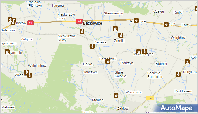 mapa Baranówek gmina Baćkowice, Baranówek gmina Baćkowice na mapie Targeo