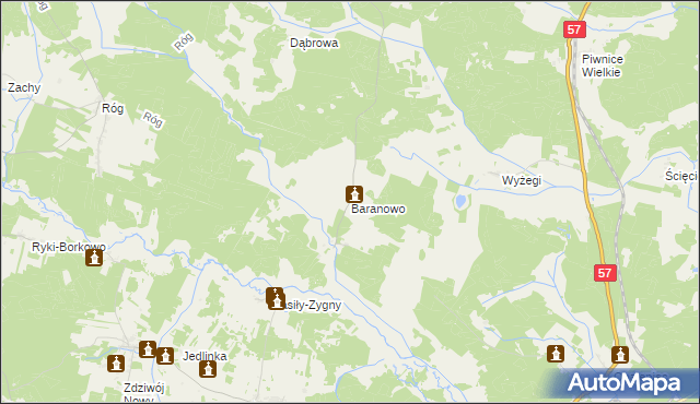 mapa Baranowo gmina Wielbark, Baranowo gmina Wielbark na mapie Targeo