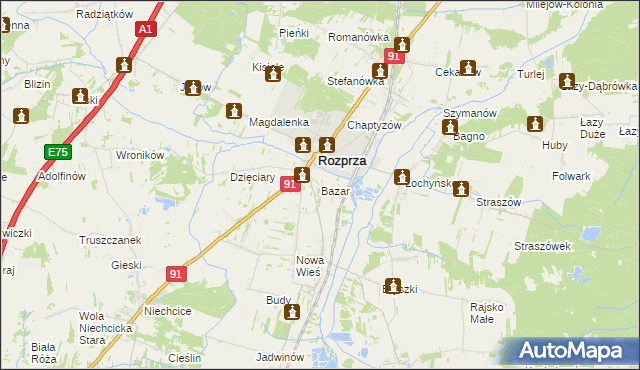 mapa Bazar gmina Rozprza, Bazar gmina Rozprza na mapie Targeo