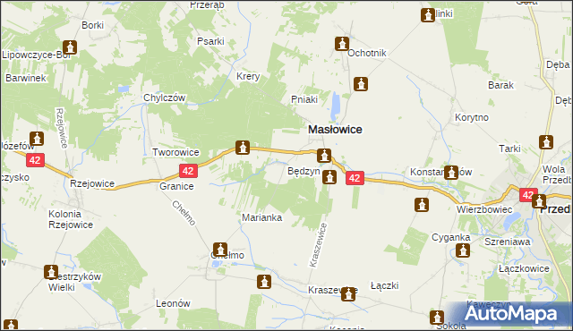 mapa Będzyn gmina Masłowice, Będzyn gmina Masłowice na mapie Targeo