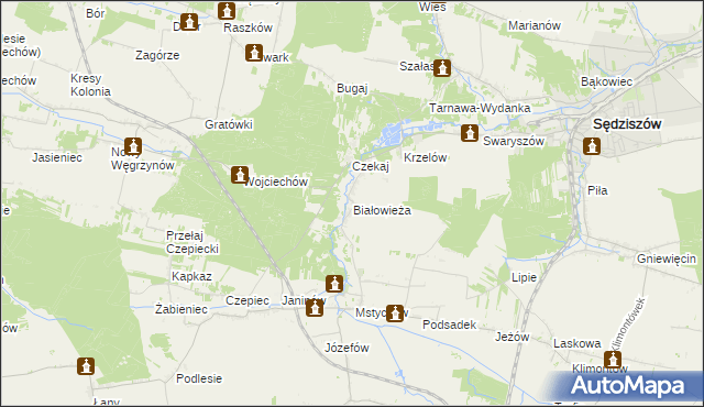 mapa Białowieża gmina Sędziszów, Białowieża gmina Sędziszów na mapie Targeo