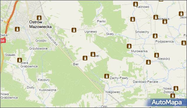 mapa Biel gmina Ostrów Mazowiecka, Biel gmina Ostrów Mazowiecka na mapie Targeo