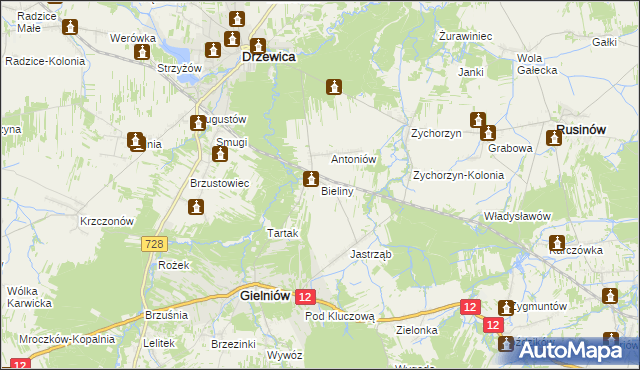 mapa Bieliny gmina Gielniów, Bieliny gmina Gielniów na mapie Targeo