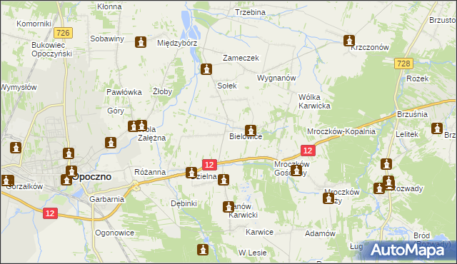 mapa Bielowice gmina Opoczno, Bielowice gmina Opoczno na mapie Targeo