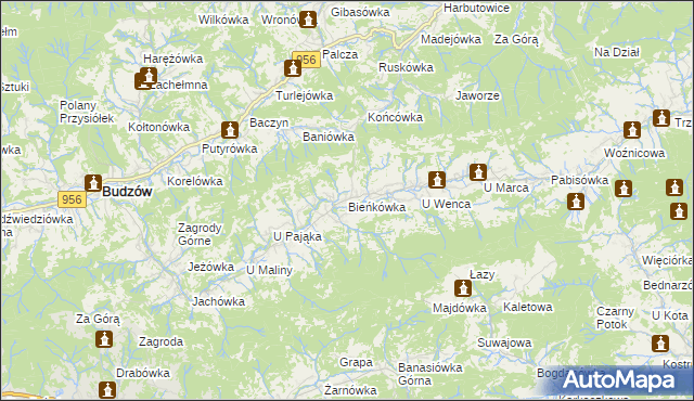 mapa Bieńkówka gmina Budzów, Bieńkówka gmina Budzów na mapie Targeo