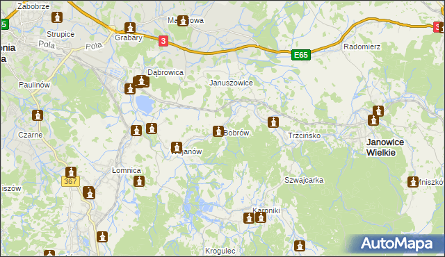 mapa Bobrów gmina Mysłakowice, Bobrów gmina Mysłakowice na mapie Targeo