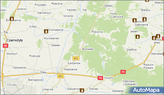 mapa Borowiec gmina Wieluń, Borowiec gmina Wieluń na mapie Targeo