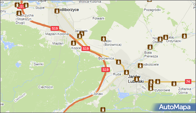 mapa Borownica gmina Janów Lubelski, Borownica gmina Janów Lubelski na mapie Targeo