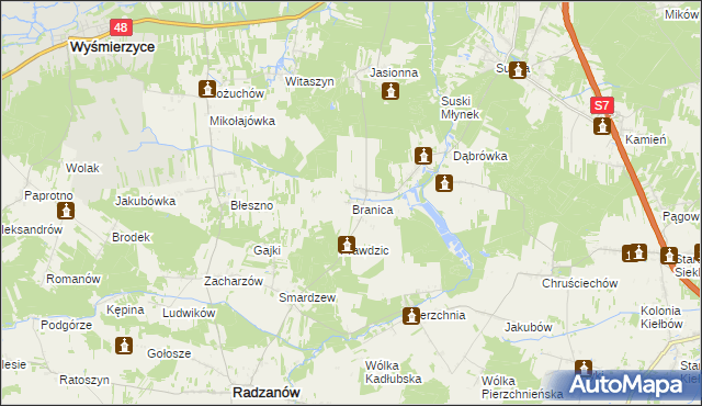 mapa Branica gmina Radzanów, Branica gmina Radzanów na mapie Targeo