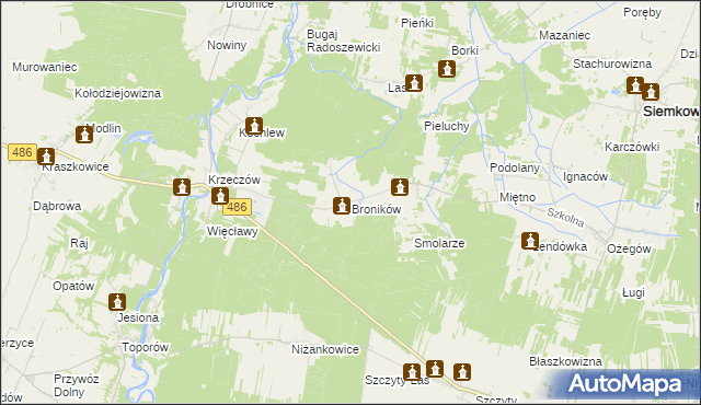 mapa Broników gmina Wierzchlas, Broników gmina Wierzchlas na mapie Targeo