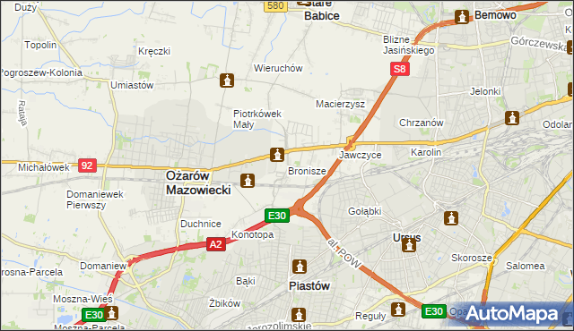 mapa Bronisze gmina Ożarów Mazowiecki, Bronisze gmina Ożarów Mazowiecki na mapie Targeo