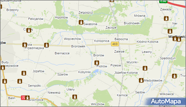 mapa Bronów gmina Wartkowice, Bronów gmina Wartkowice na mapie Targeo