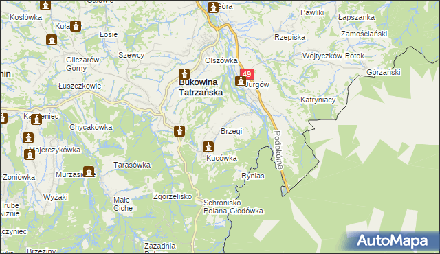 mapa Brzegi gmina Bukowina Tatrzańska, Brzegi gmina Bukowina Tatrzańska na mapie Targeo