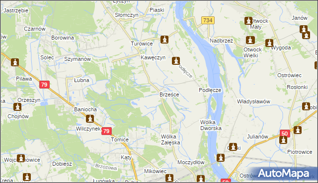mapa Brześce gmina Góra Kalwaria, Brześce gmina Góra Kalwaria na mapie Targeo
