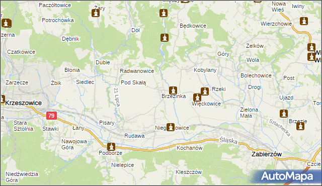 mapa Brzezinka gmina Zabierzów, Brzezinka gmina Zabierzów na mapie Targeo