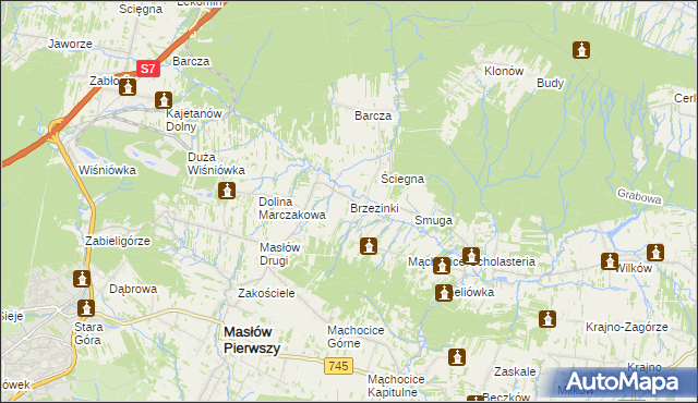 mapa Brzezinki gmina Masłów, Brzezinki gmina Masłów na mapie Targeo