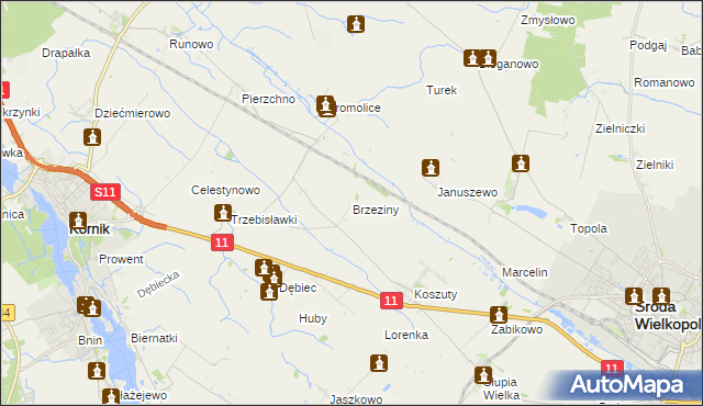 mapa Brzeziny gmina Środa Wielkopolska, Brzeziny gmina Środa Wielkopolska na mapie Targeo