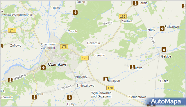 mapa Brzeźno gmina Czarnków, Brzeźno gmina Czarnków na mapie Targeo