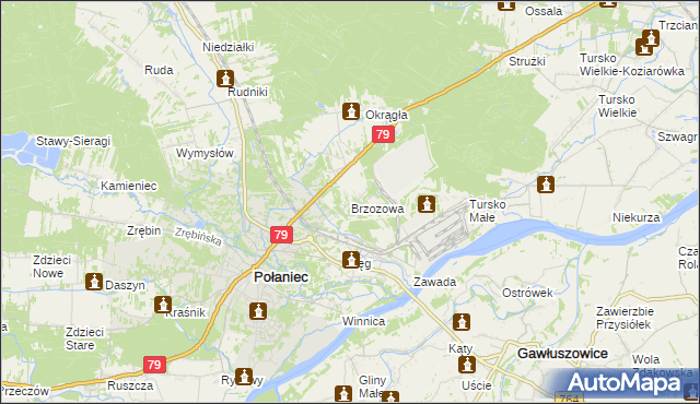 mapa Brzozowa gmina Połaniec, Brzozowa gmina Połaniec na mapie Targeo