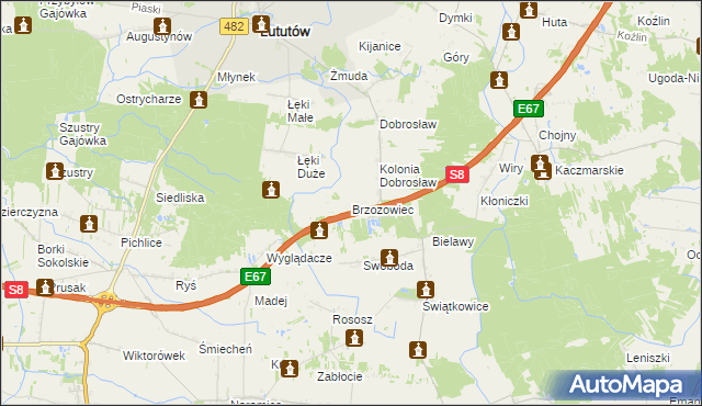 mapa Brzozowiec gmina Lututów, Brzozowiec gmina Lututów na mapie Targeo