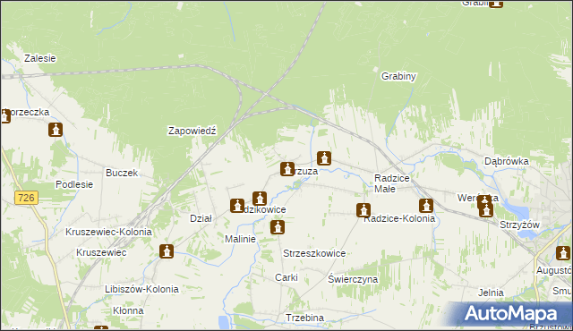 mapa Brzuza gmina Drzewica, Brzuza gmina Drzewica na mapie Targeo
